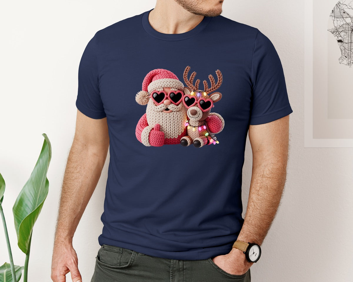 brand:Bella Canvas|color:Navy|Embroidery Style Reindeer Sunglasses Graphic T-Shirt