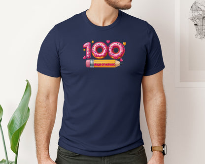 brand:Bella Canvas|color:Navy|100 Days School Donat Pencil Shirt Graphic T-Shirt
