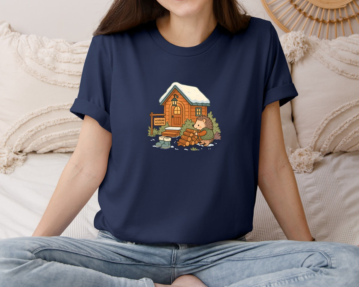 brand:Bella Canvas|color:Navy|Woodland Welcome Hedgehog Graphic T-Shirt