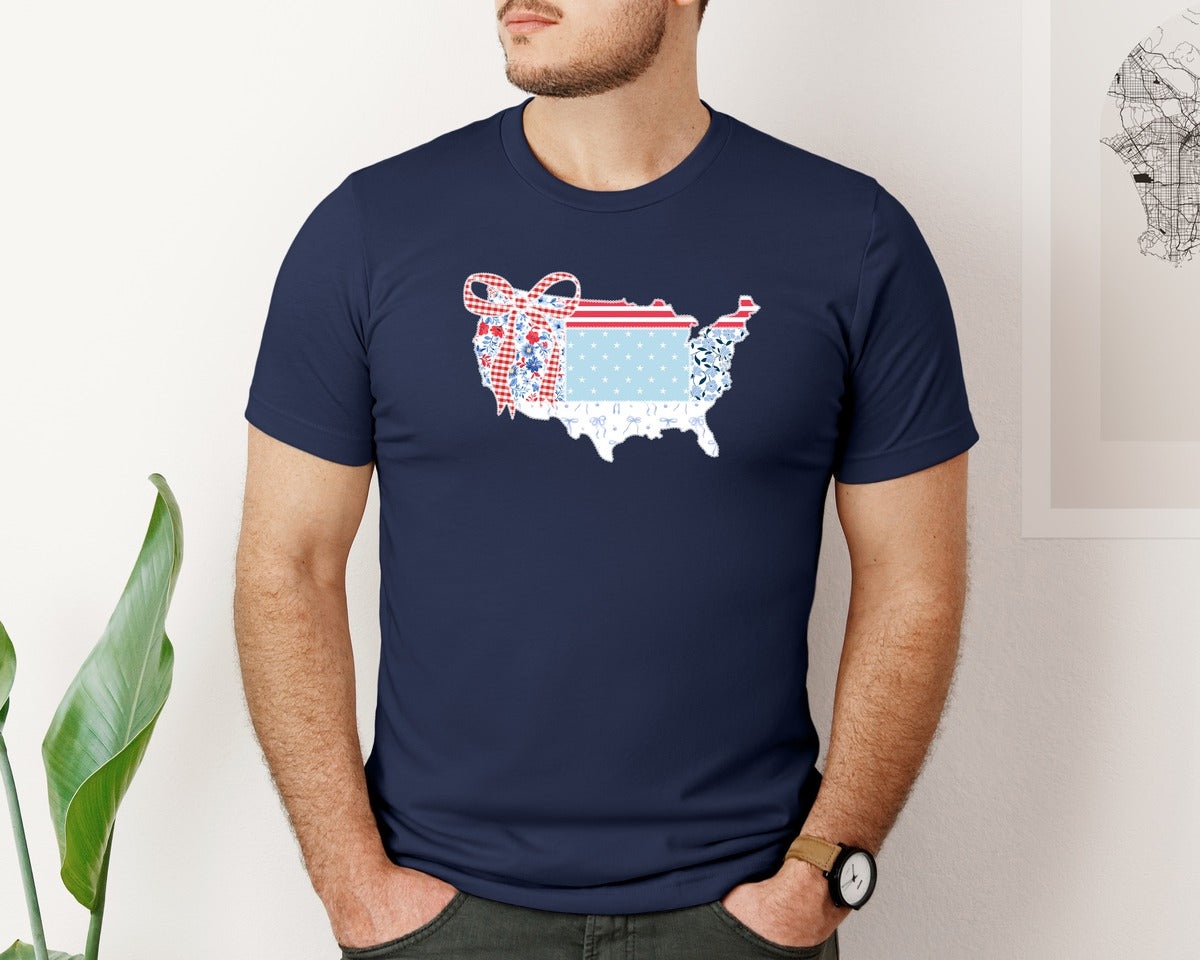 brand:Bella Canvas|color:Navy|Fabric Usa Map Made Of Bows Graphic T-Shirt