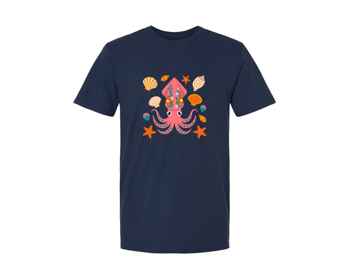 brand:Generic|color:Navy|Cute Floral Squid With Seashells Des Graphic T-Shirt