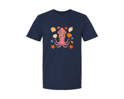 brand:Generic|color:Navy|Cute Floral Squid With Seashells Des Graphic T-Shirt