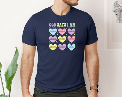 brand:Bella Canvas|color:Navy|God Says I Am Sweetheart Candy Hearts Graphic T-Shirt
