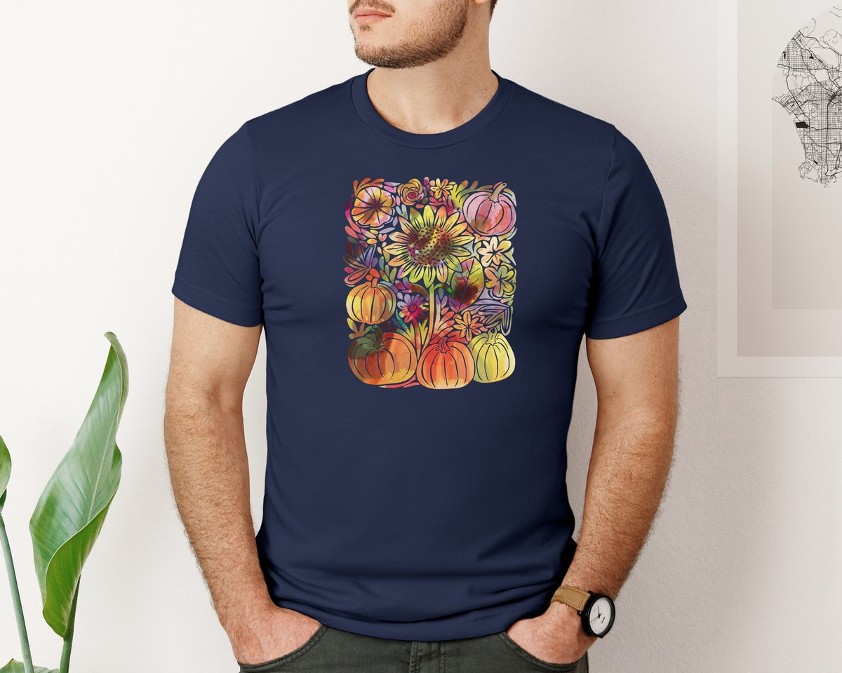 brand:Bella Canvas|color:Navy|Floral Fall Sunflower Pumpkin Graphic T-Shirt