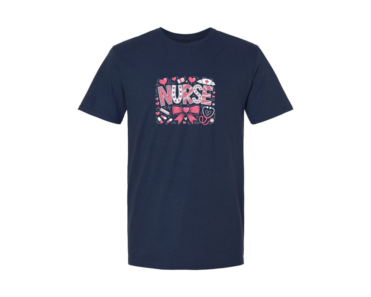 brand:Generic|color:Navy|Valentines Day Nurse Coquette Bow Graphic T-Shirt