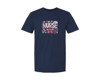 brand:Generic|color:Navy|Valentines Day Nurse Coquette Bow Graphic T-Shirt