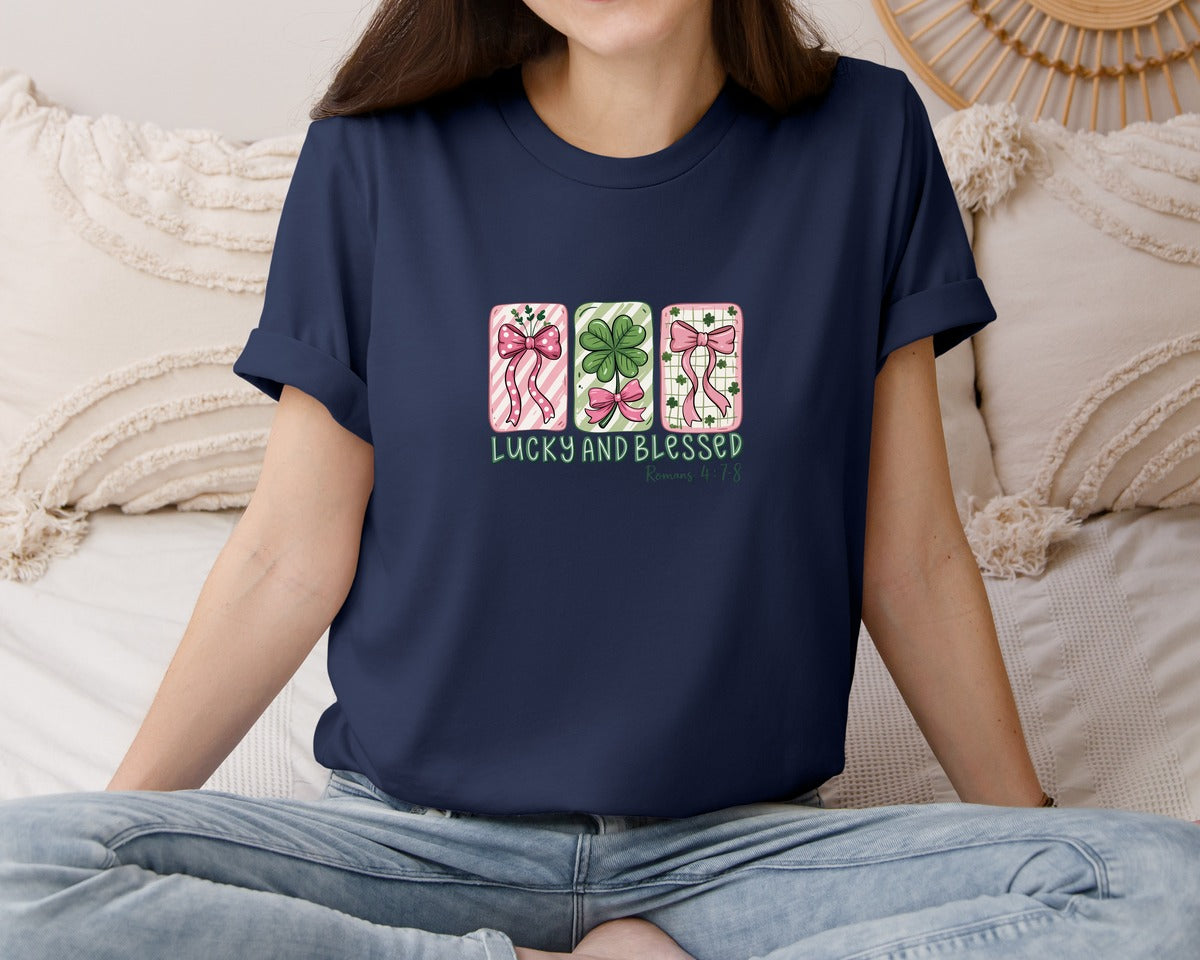 brand:Bella Canvas|color:Navy|Lucky And Blessed Retro Patrick Graphic T-Shirt