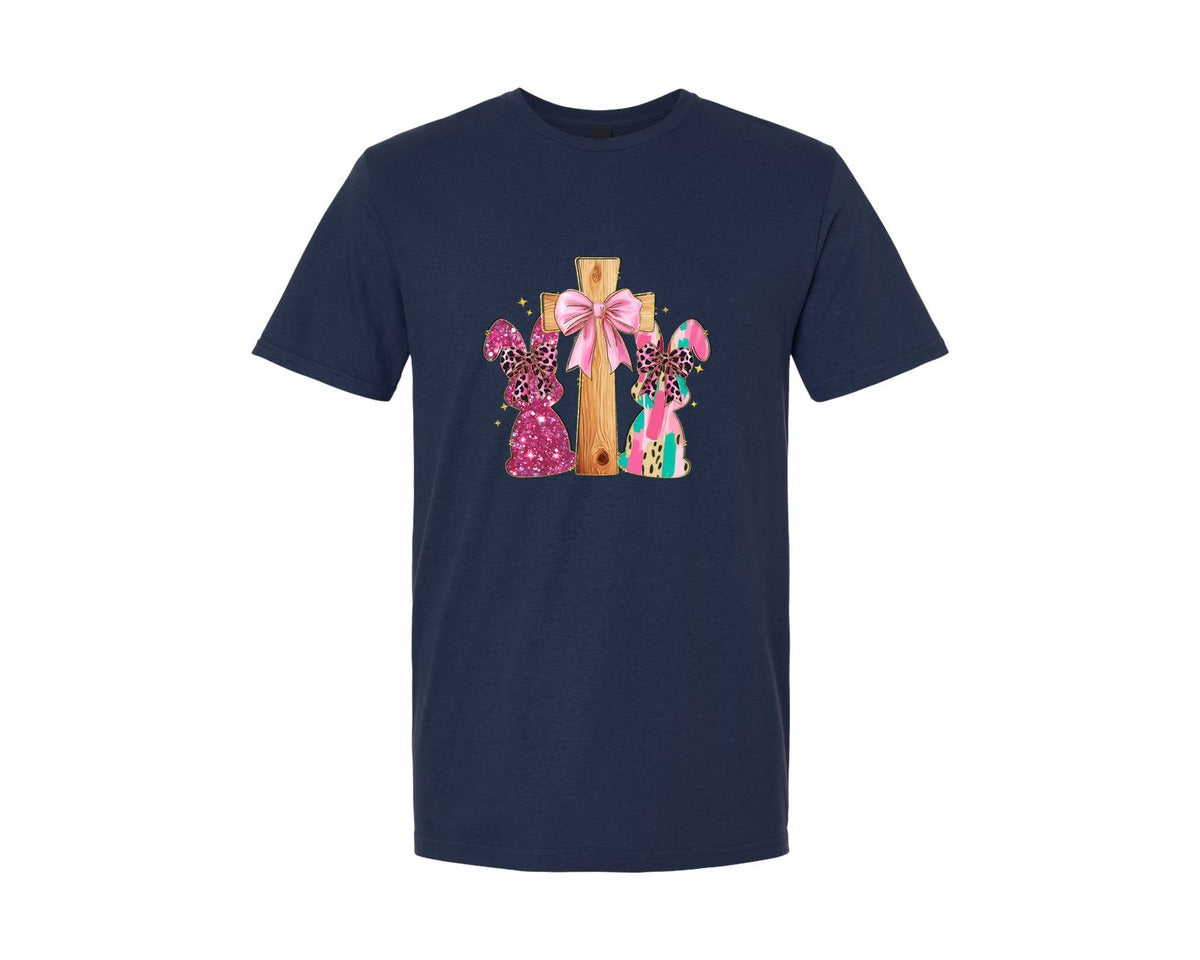 brand:Generic|color:Navy|Christian Easter Coquette Cross Graphic T-Shirt