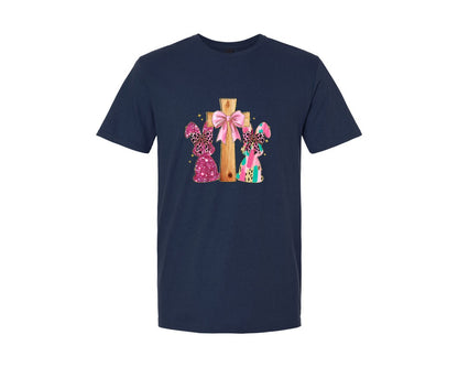 brand:Generic|color:Navy|Christian Easter Coquette Cross Graphic T-Shirt
