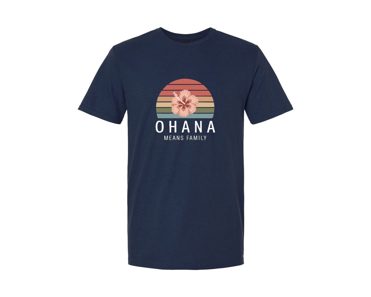 brand:Generic|color:Navy|Ohana Means Family Retro Sunset Tropical Graphic T-Shirt