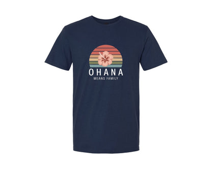 brand:Generic|color:Navy|Ohana Means Family Retro Sunset Tropical Graphic T-Shirt