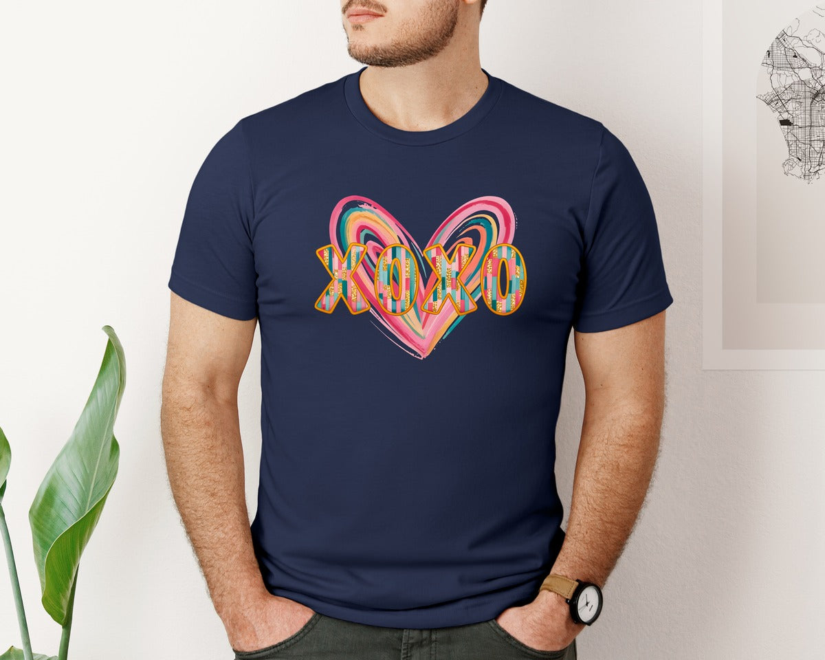 brand:Bella Canvas|color:Navy|Xoxo Brushstroke Valentine Heart Graphic T-Shirt