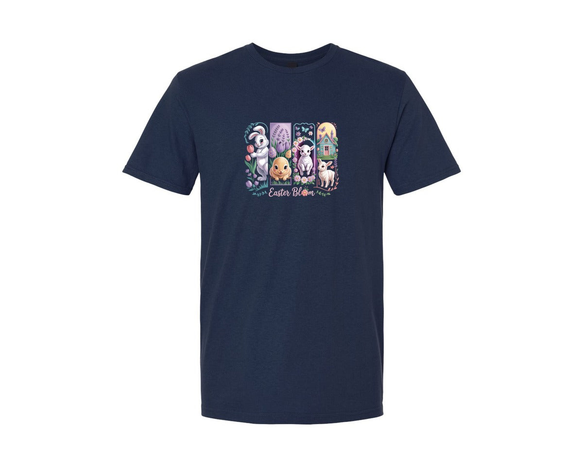 brand:Generic|color:Navy|Easter Bloom Bunny Lamb Scene Graphic T-Shirt