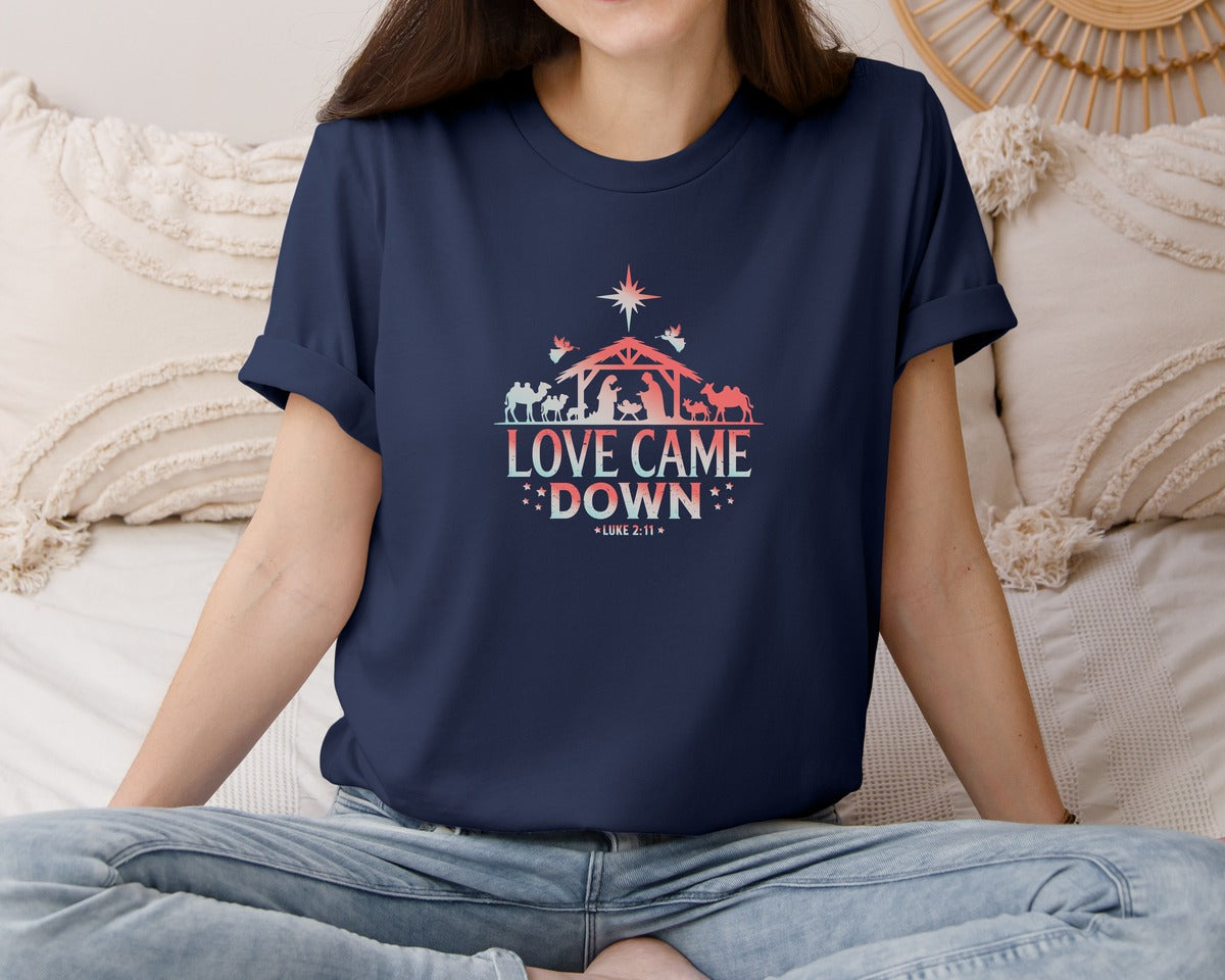 brand:Bella Canvas|color:Navy|Love Came Down Nativity Scene Graphic T-Shirt