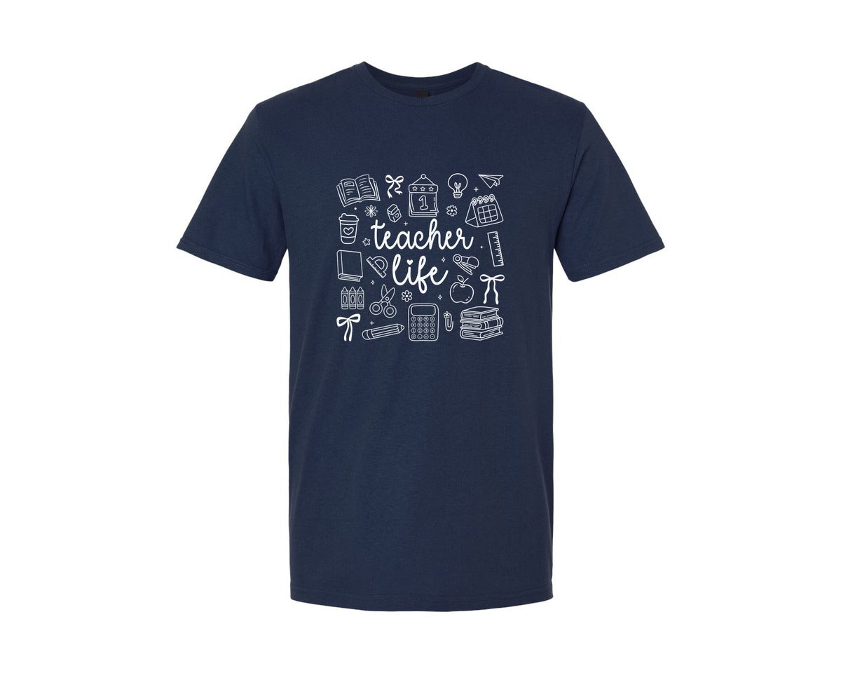 brand:Generic|color:Navy|Teacher Life Teach Coquette Pink Doodle Graphic T-Shirt