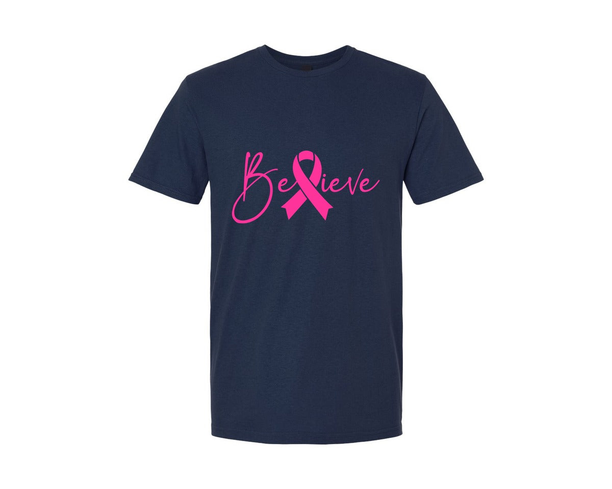 brand:Generic|color:Navy|Believe Breast Cancer Awareness Ribbon Graphic T-Shirt