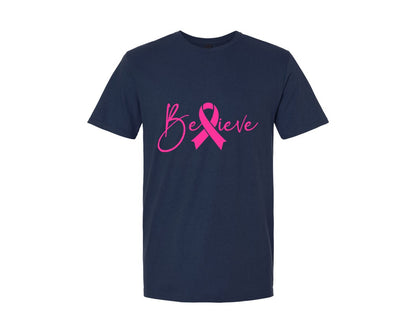 brand:Generic|color:Navy|Believe Breast Cancer Awareness Ribbon Graphic T-Shirt