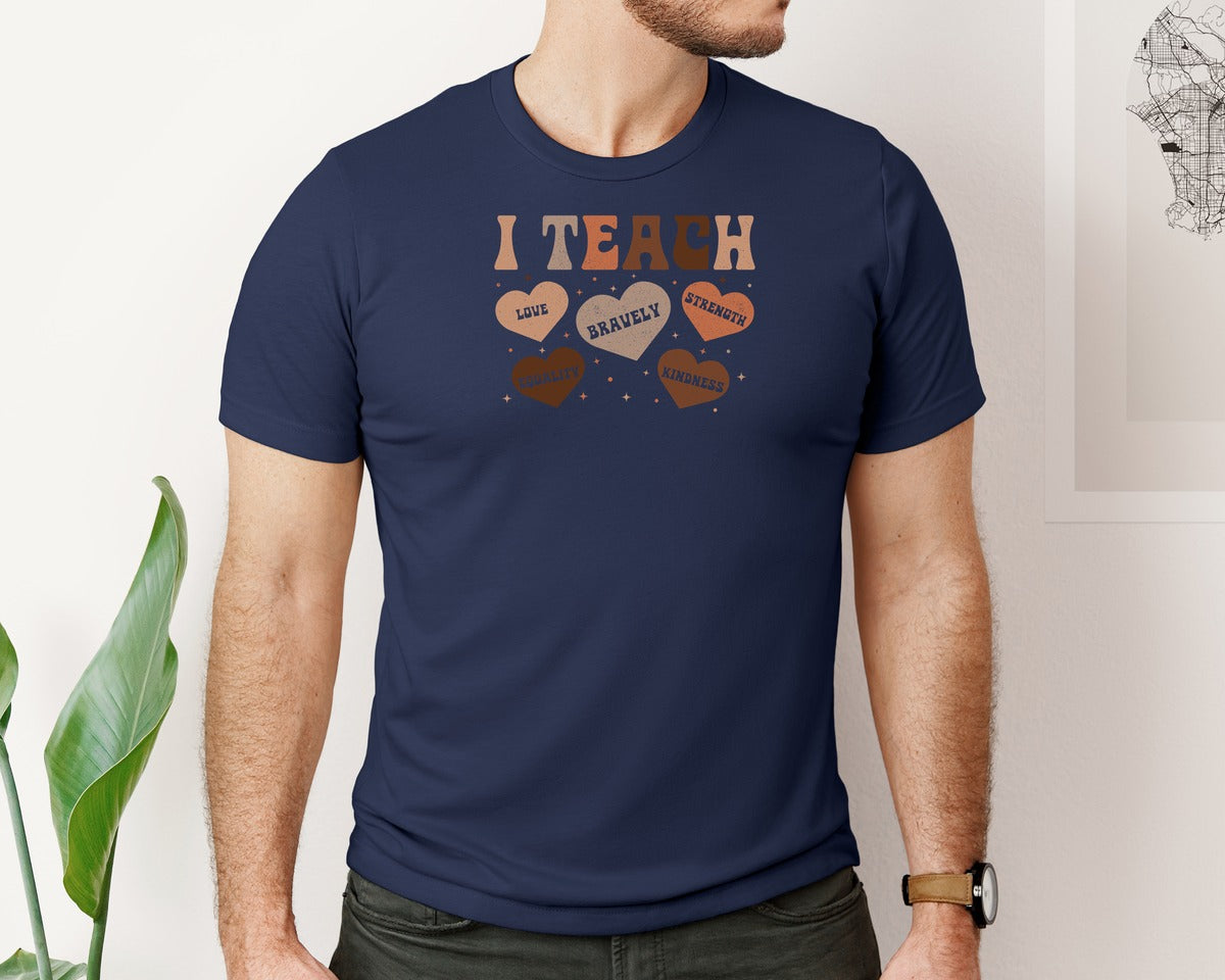 brand:Bella Canvas|color:Navy|I Teach Love Black History Teacher Graphic T-Shirt