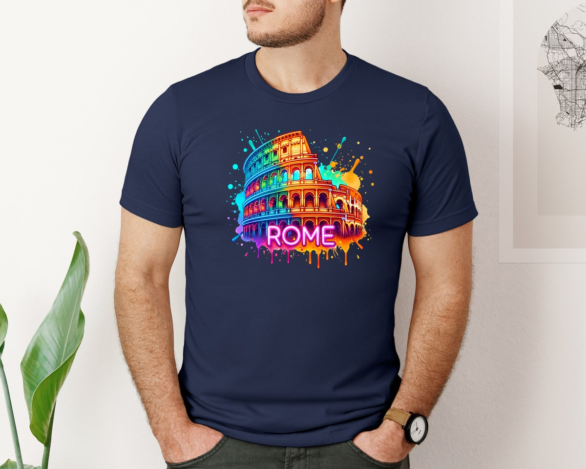 brand:Bella Canvas|color:Navy|Colorful Neon Italy Rome Colosseum Graphic T-Shirt