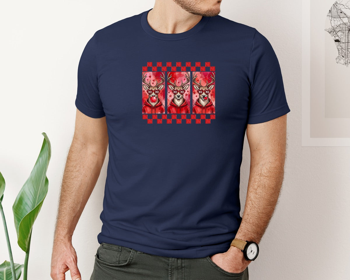 brand:Bella Canvas|color:Navy|Xoxo Valentines Day Deer 2 Graphic T-Shirt