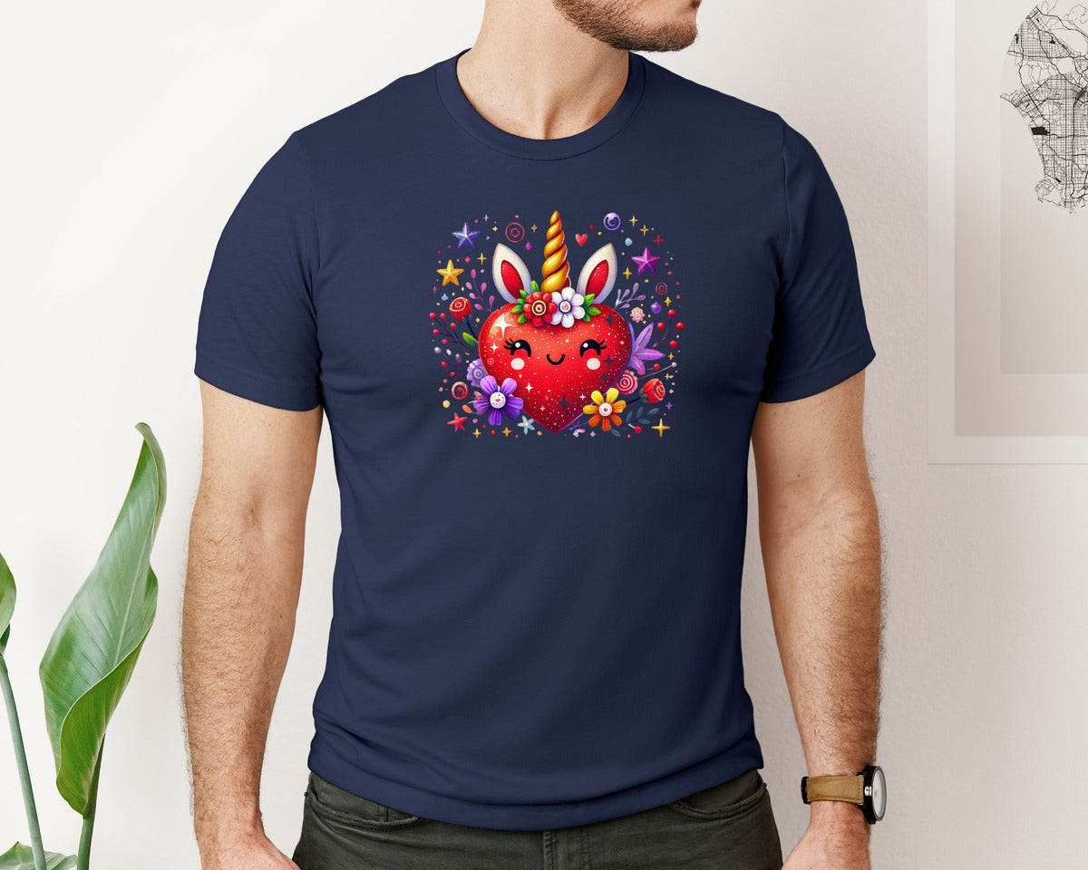 brand:Bella Canvas|color:Navy|Cute Unicorn Heart Valentines Day Graphic T-Shirt
