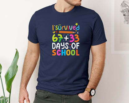 brand:Bella Canvas|color:Navy|67 Plus 33 Days Of School Graphic T-Shirt