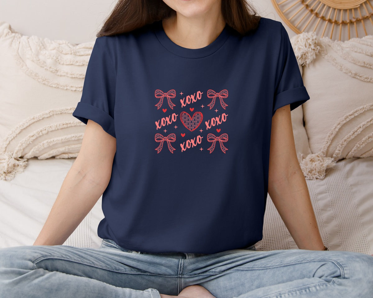 brand:Bella Canvas|color:Navy|Valentine Xoxo Coquette Bow Graphic T-Shirt