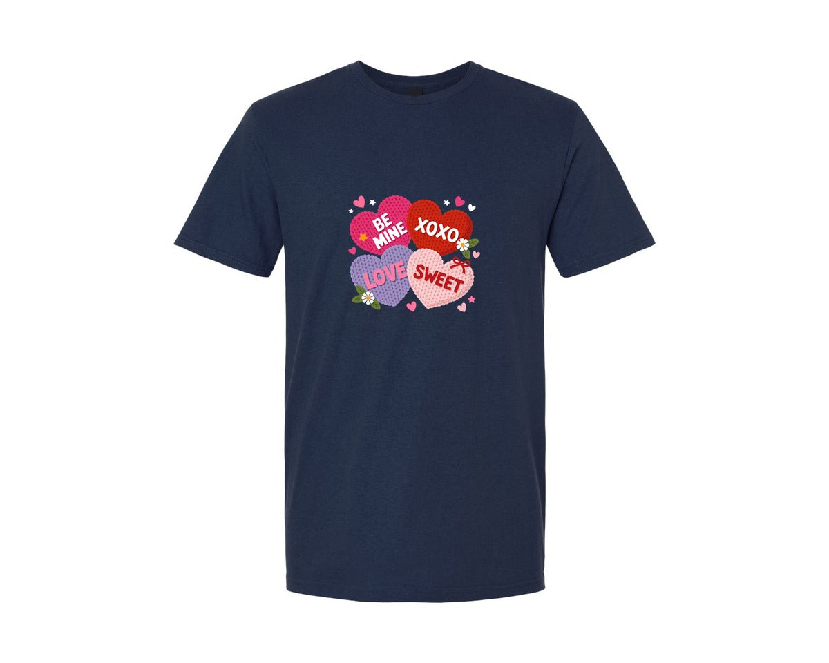 brand:Generic|color:Navy|Faux Yarn Valentines Heart Candy Graphic T-Shirt