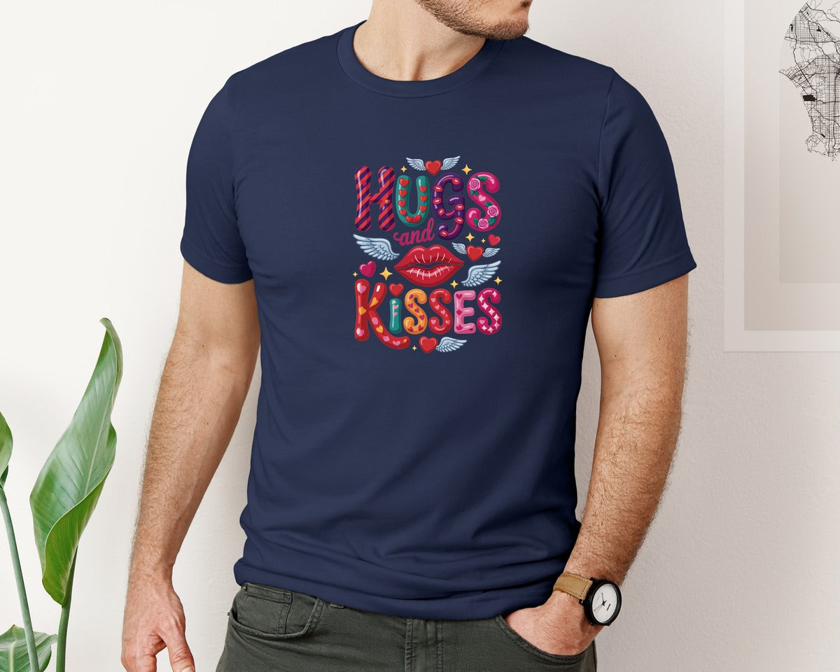 brand:Bella Canvas|color:Navy|Hugs And Kisses Valentine Graphic T-Shirt