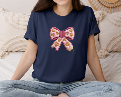brand:Bella Canvas|color:Navy|Embroidery Bow Pencil Teacher Design Graphic T-Shirt