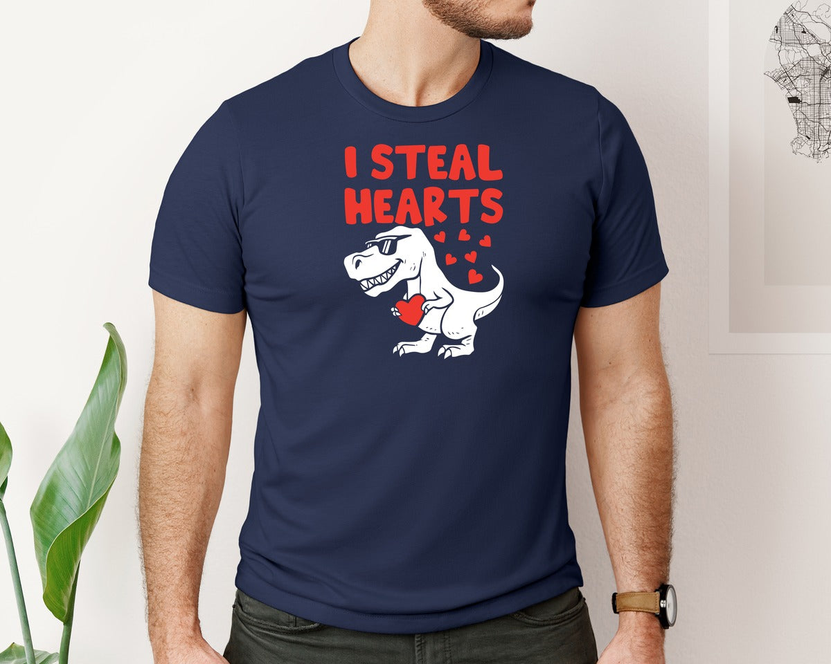 brand:Bella Canvas|color:Navy|Funny Dinosaur Valentine I Steal Hearts Graphic T-Shirt