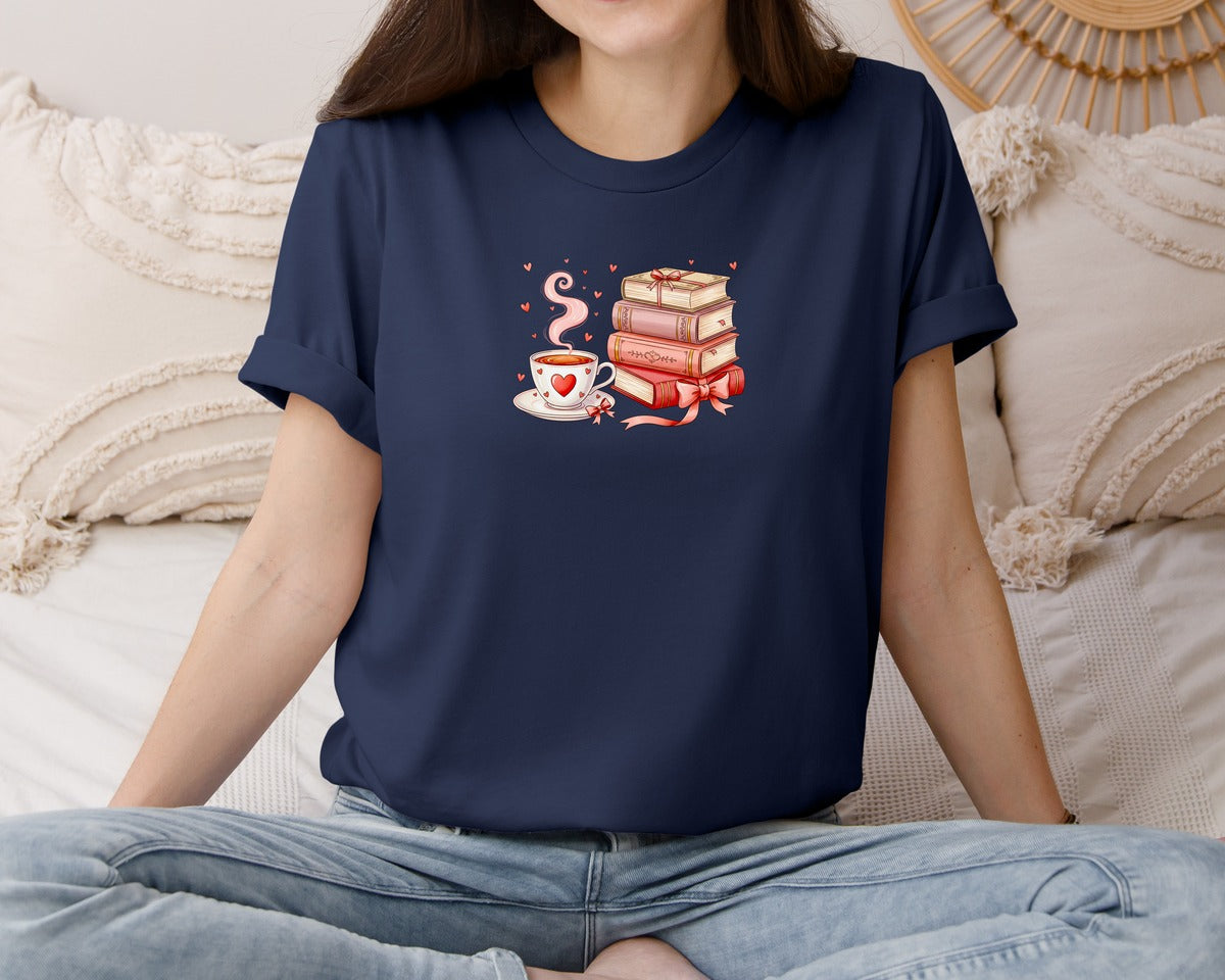 brand:Bella Canvas|color:Navy|Valentine Books And Coffee Cup Graphic T-Shirt