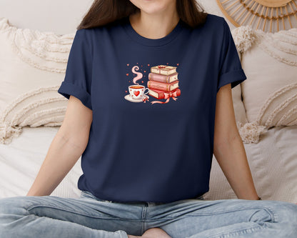 brand:Bella Canvas|color:Navy|Valentine Books And Coffee Cup Graphic T-Shirt