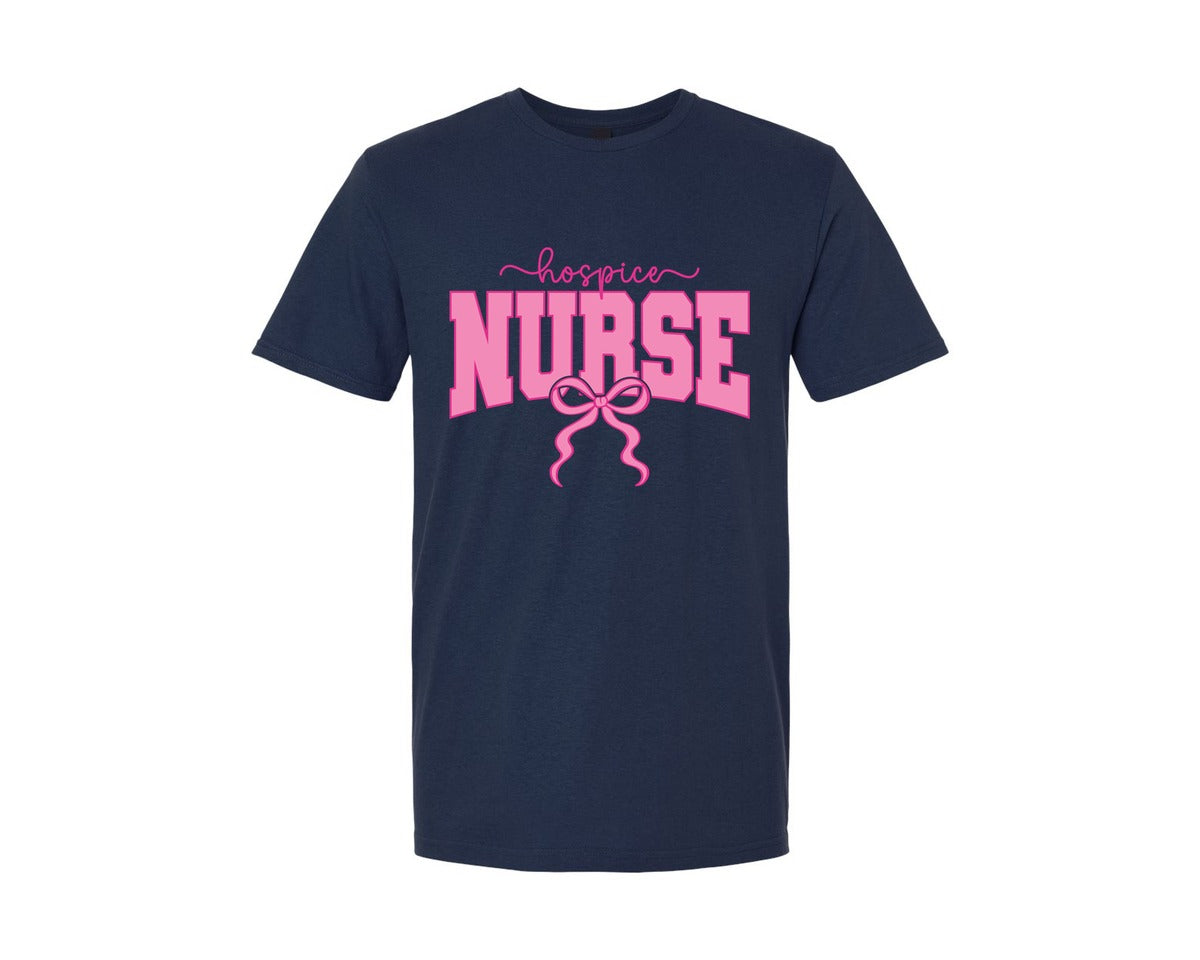 brand:Generic|color:Navy|Hospice Nurse Coquette Nursing Pink Bow Graphic T-Shirt