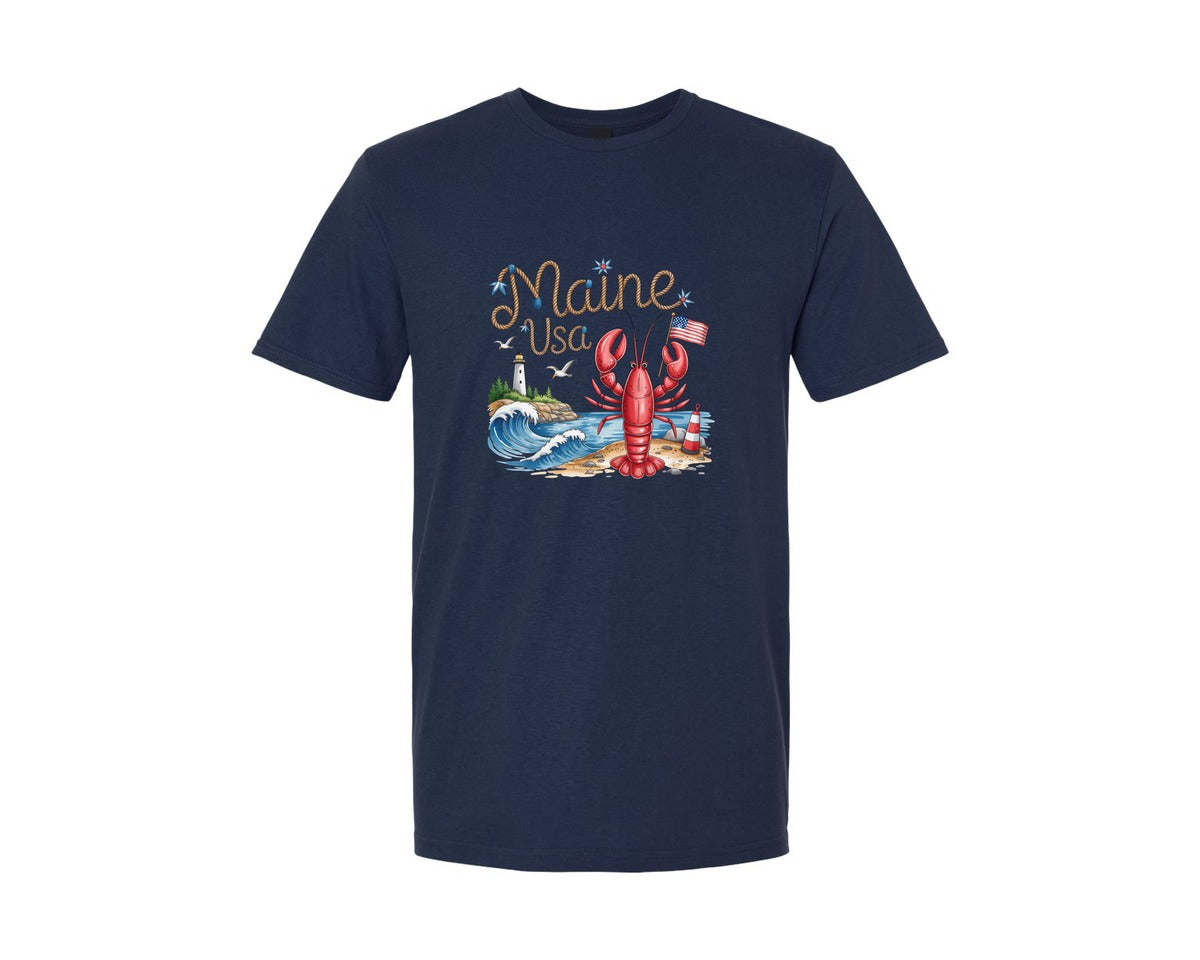 brand:Generic|color:Navy|Maine Usa Lobster Lighthouse Graphic T-Shirt