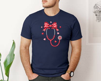 brand:Bella Canvas|color:Navy|Valentine Heart Stethoscope Graphic T-Shirt