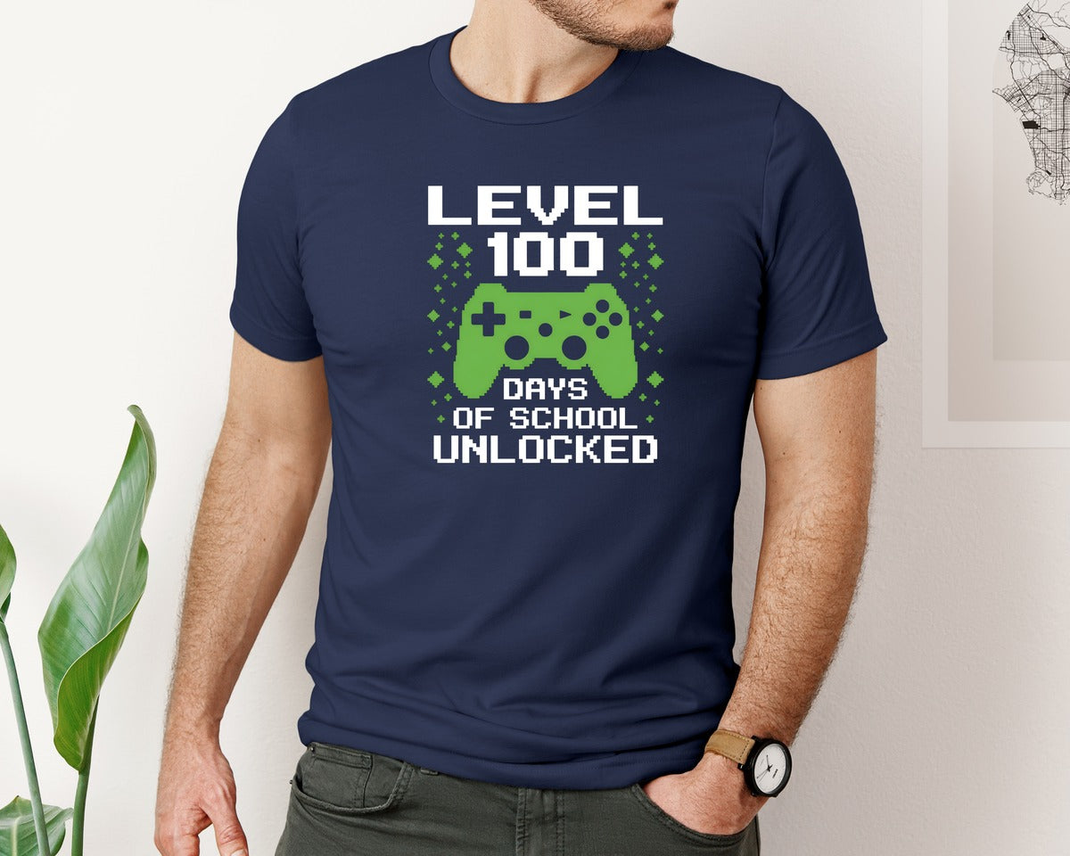 brand:Bella Canvas|color:Navy|Level 100 Days Of School Unlocked 13 Graphic T-Shirt