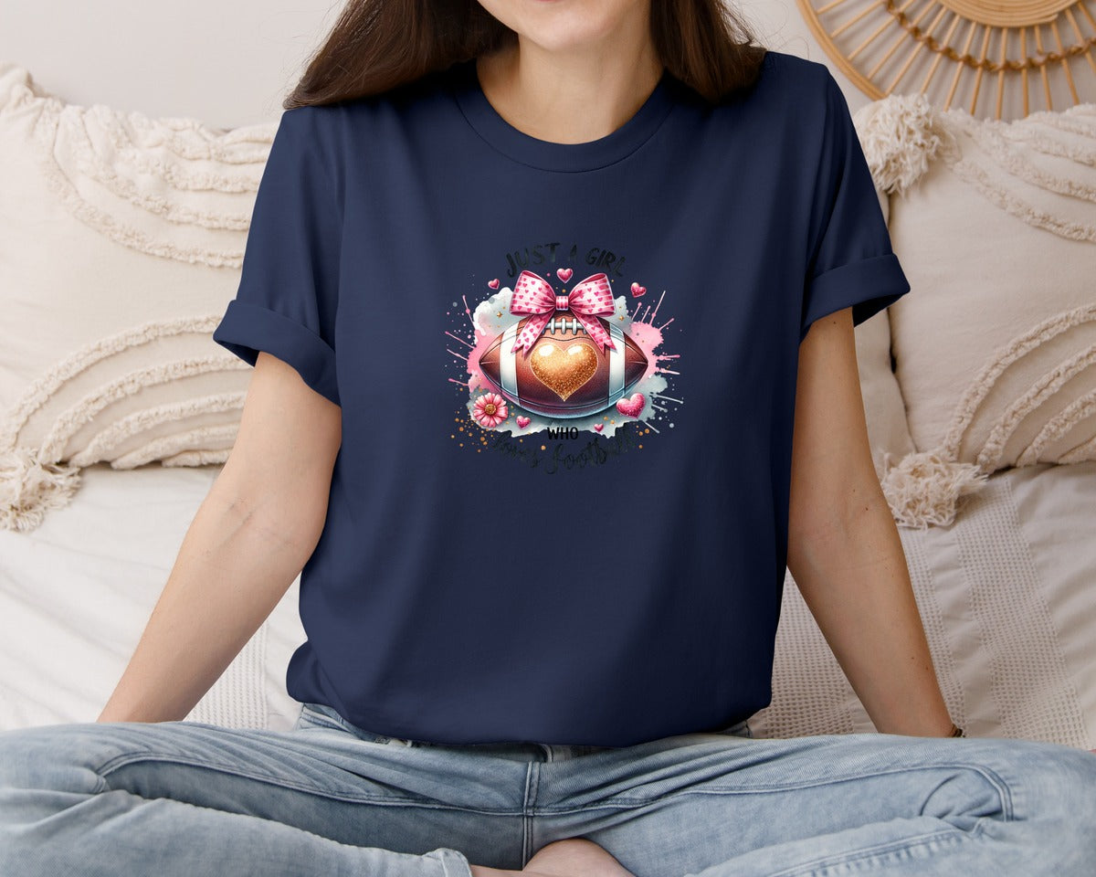 brand:Bella Canvas|color:Navy|Just A Girl Who Loves Football 7 Graphic T-Shirt