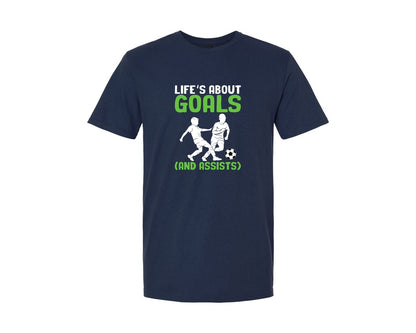 brand:Generic|color:Navy|Lifes About Goals Soccer T Shirt Graphic T-Shirt