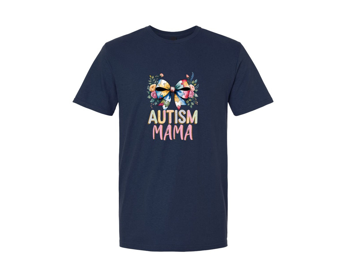 brand:Generic|color:Navy|Autism Mama Elegant Floral Puzzle Bow Graphic T-Shirt