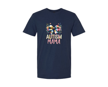 brand:Generic|color:Navy|Autism Mama Elegant Floral Puzzle Bow Graphic T-Shirt