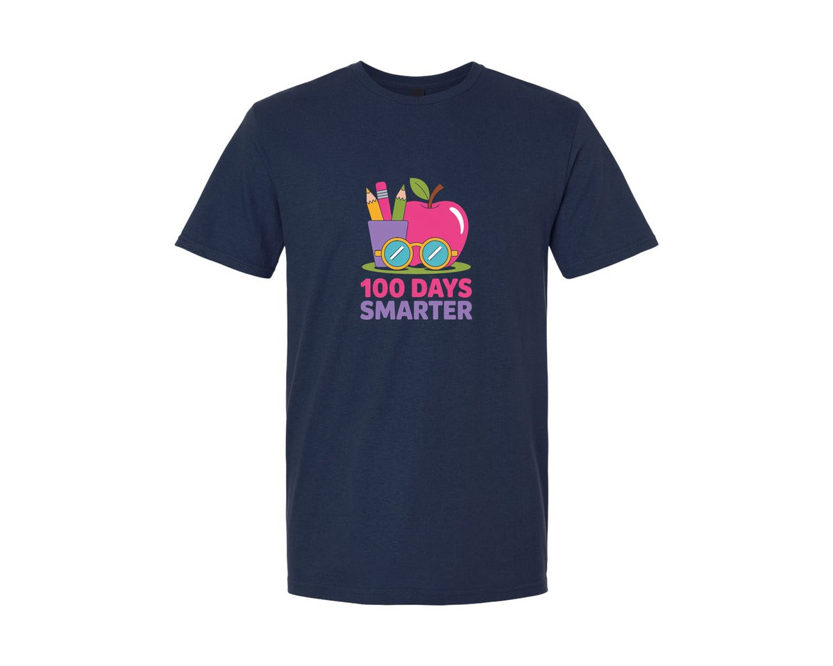 brand:Generic|color:Navy|100 Days Smarter Apple Glasses Graphic T-Shirt