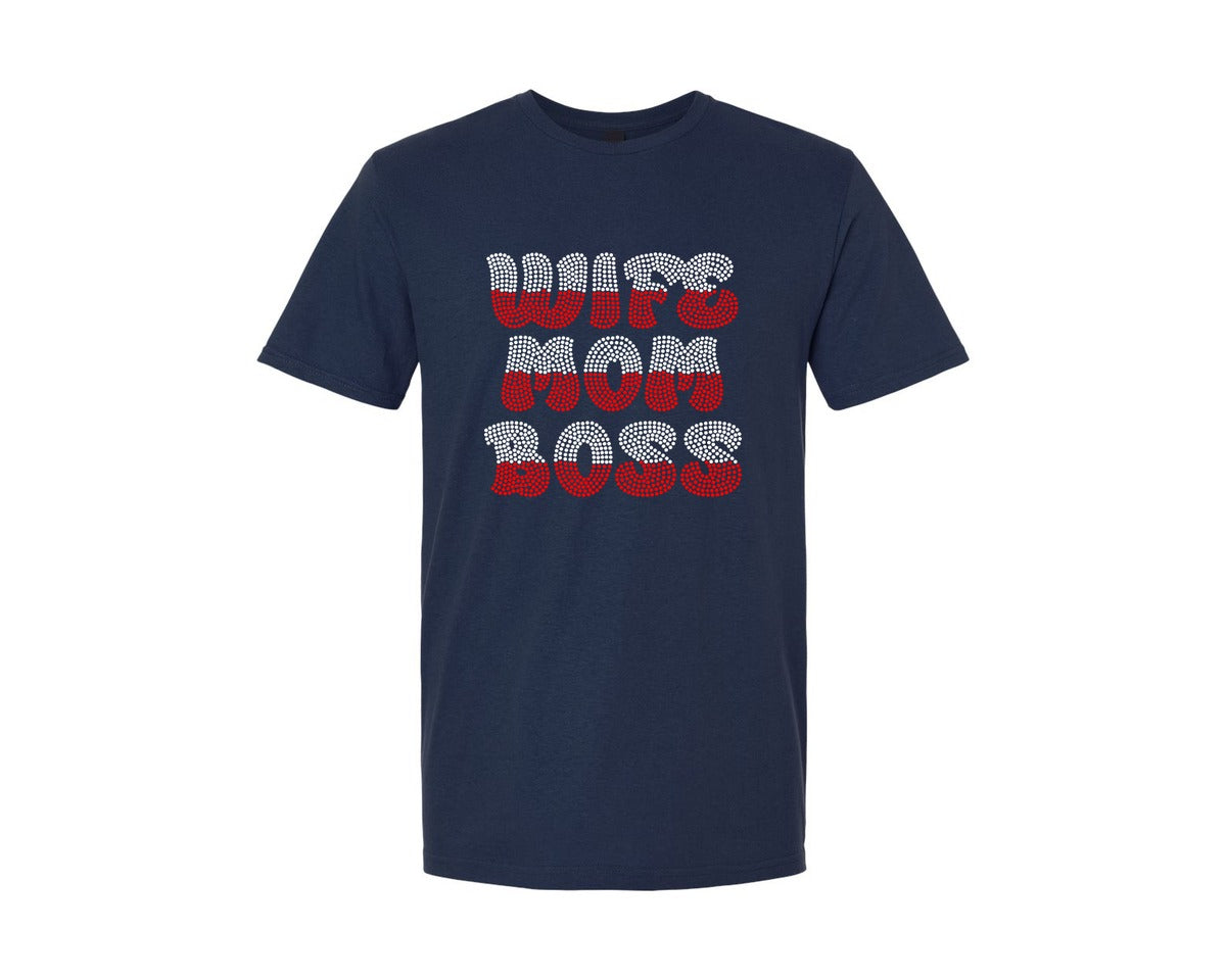 brand:Generic|color:Navy|Wife Mom Boss Rhinestone Design 2 Graphic T-Shirt