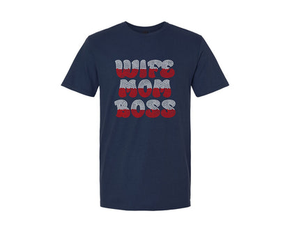 brand:Generic|color:Navy|Wife Mom Boss Rhinestone Design 2 Graphic T-Shirt