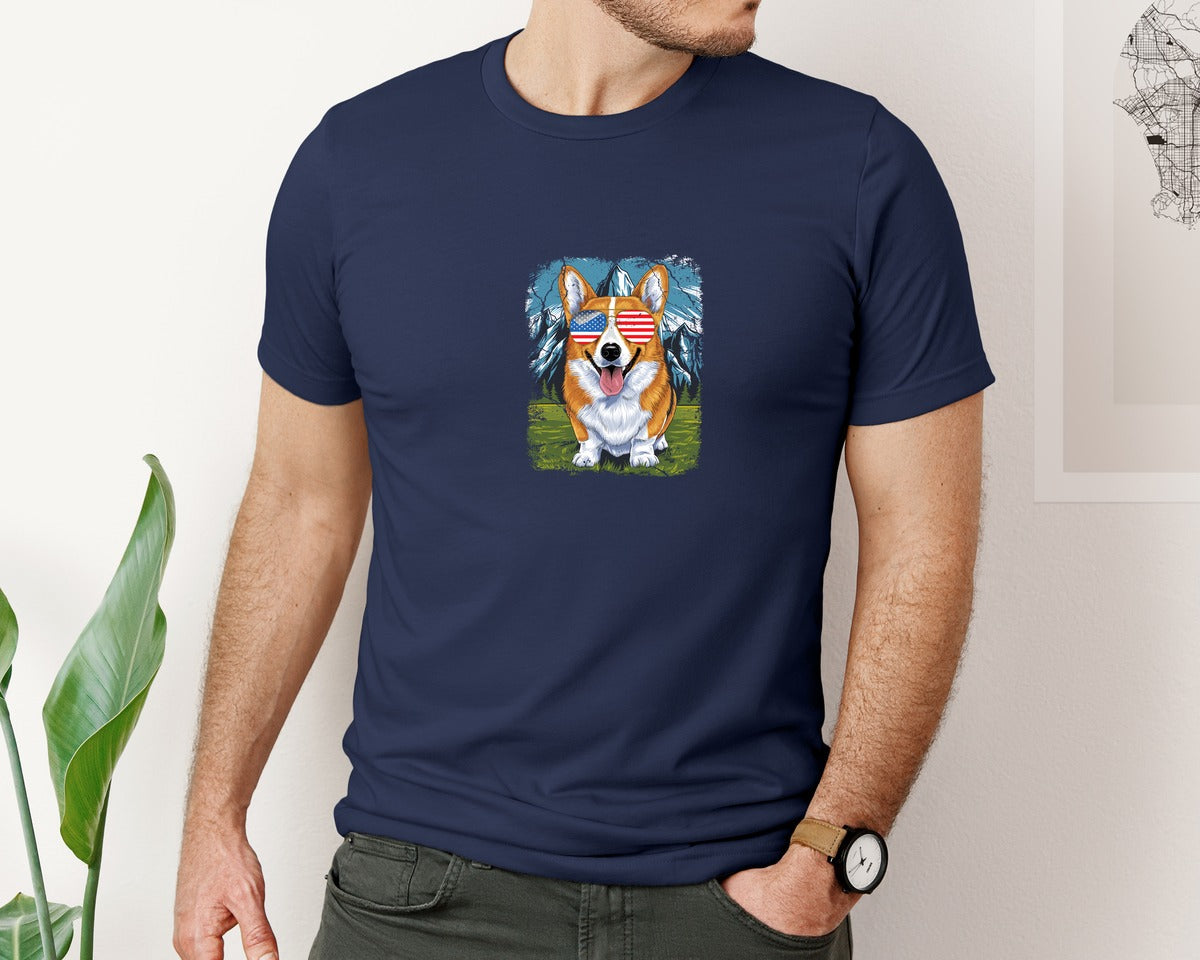 brand:Bella Canvas|color:Navy|Corgi American Flag 4Th Of July Graphic T-Shirt