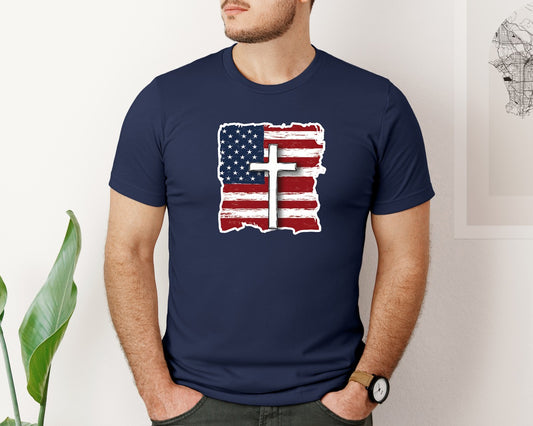 4Th Of July Patriotic Cross With Flag Graphic T-Shirt