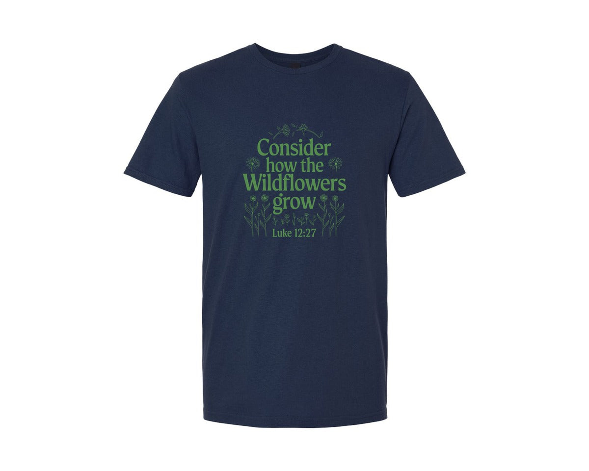brand:Generic|color:Navy|Consider How The Wildflowers Grow Luke 1 4 Graphic T-Shirt