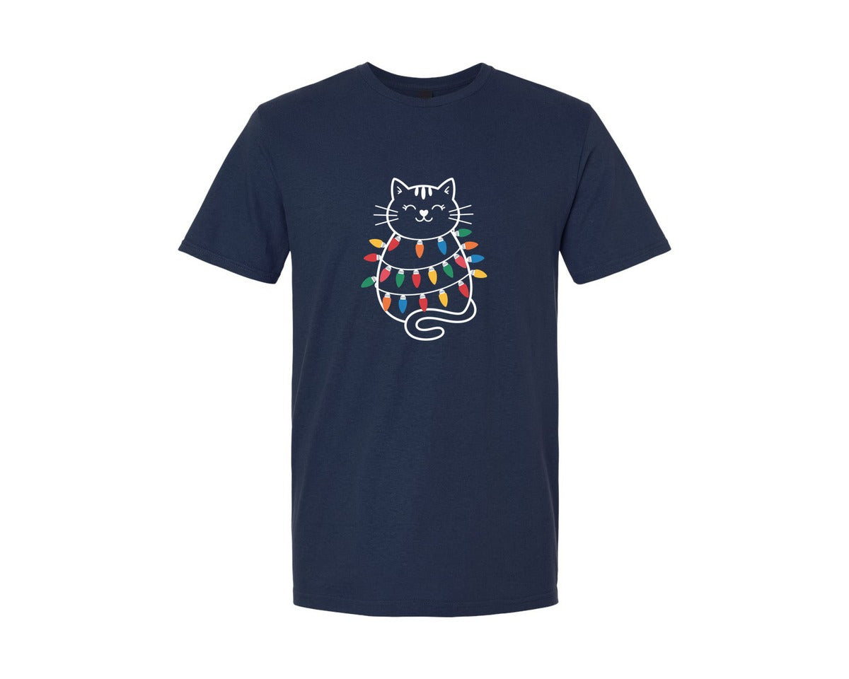 brand:Generic|color:Navy|Cute Cat Christmas Lights Funny Cat Graphic T-Shirt