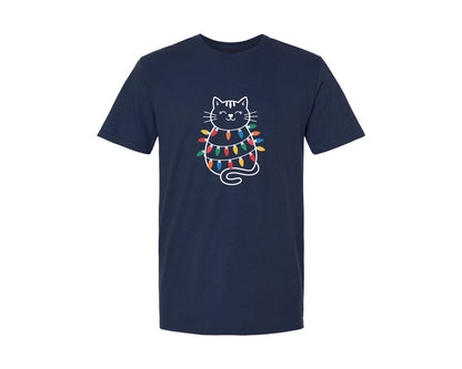 brand:Generic|color:Navy|Cute Cat Christmas Lights Funny Cat Graphic T-Shirt