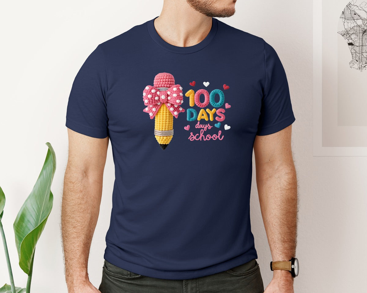 brand:Bella Canvas|color:Navy|100 Days Of School Faux Yarn Pencil Graphic T-Shirt